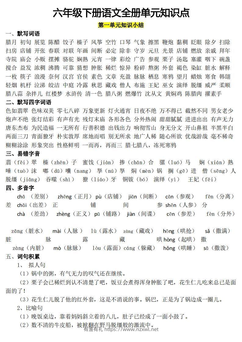 六年级1-8单元知识点(1)-有渔有礼