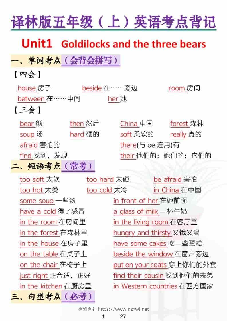 五年级上英语考点背记《译林版》-有渔有礼