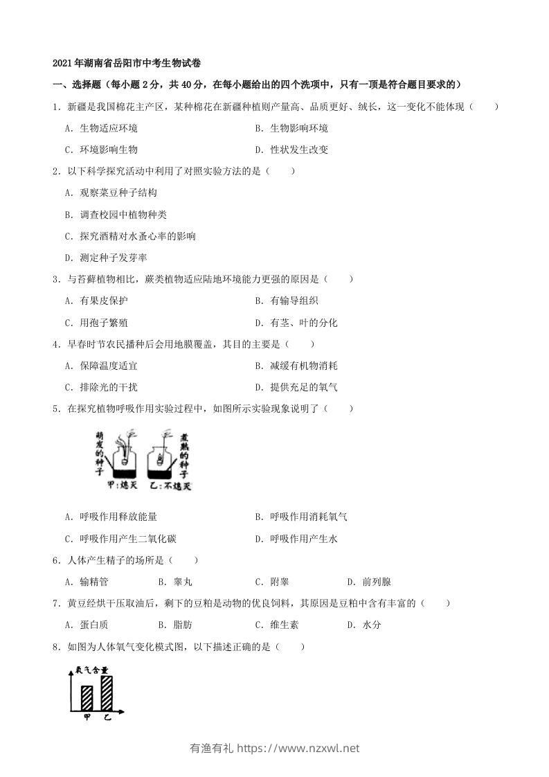 2021年湖南省岳阳市中考生物真题（word版，含解析）-有渔有礼