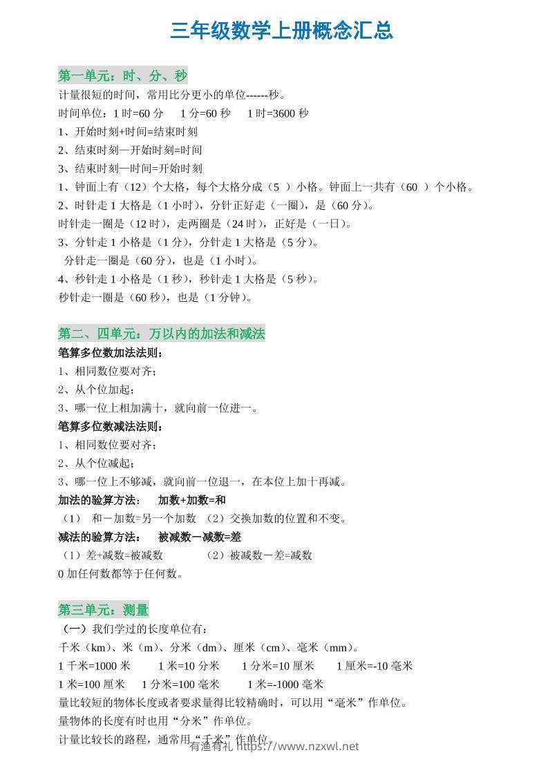 三年级数学上册概念全集-有渔有礼