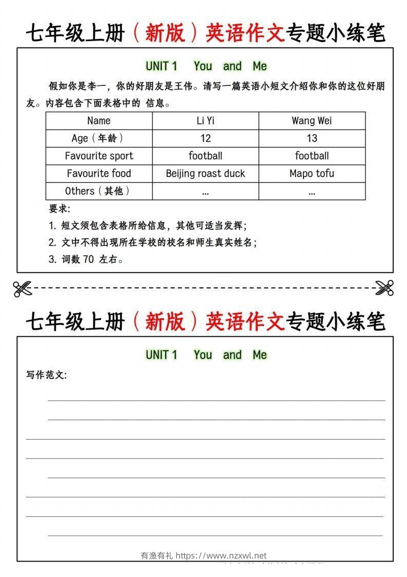 七年级上册（新版）英语作文专题小练笔挖空版-有渔有礼