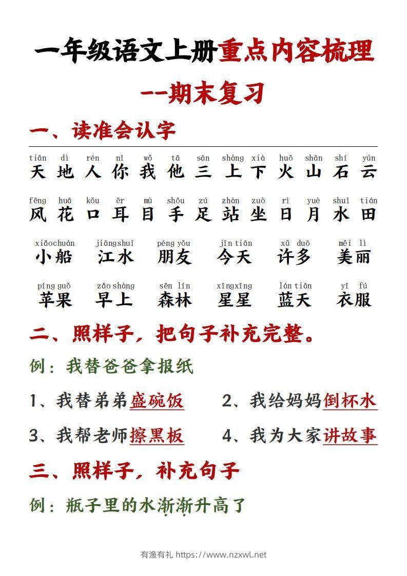 【重点预习内容梳理】一上语文()-有渔有礼