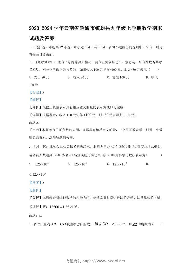 2023-2024学年云南省昭通市镇雄县九年级上学期数学期末试题及答案(Word版)-有渔有礼