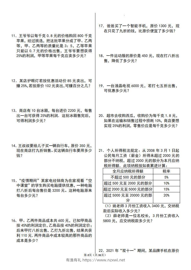 图片[2]-六年级数学上册百分数应用题60题-有渔有礼