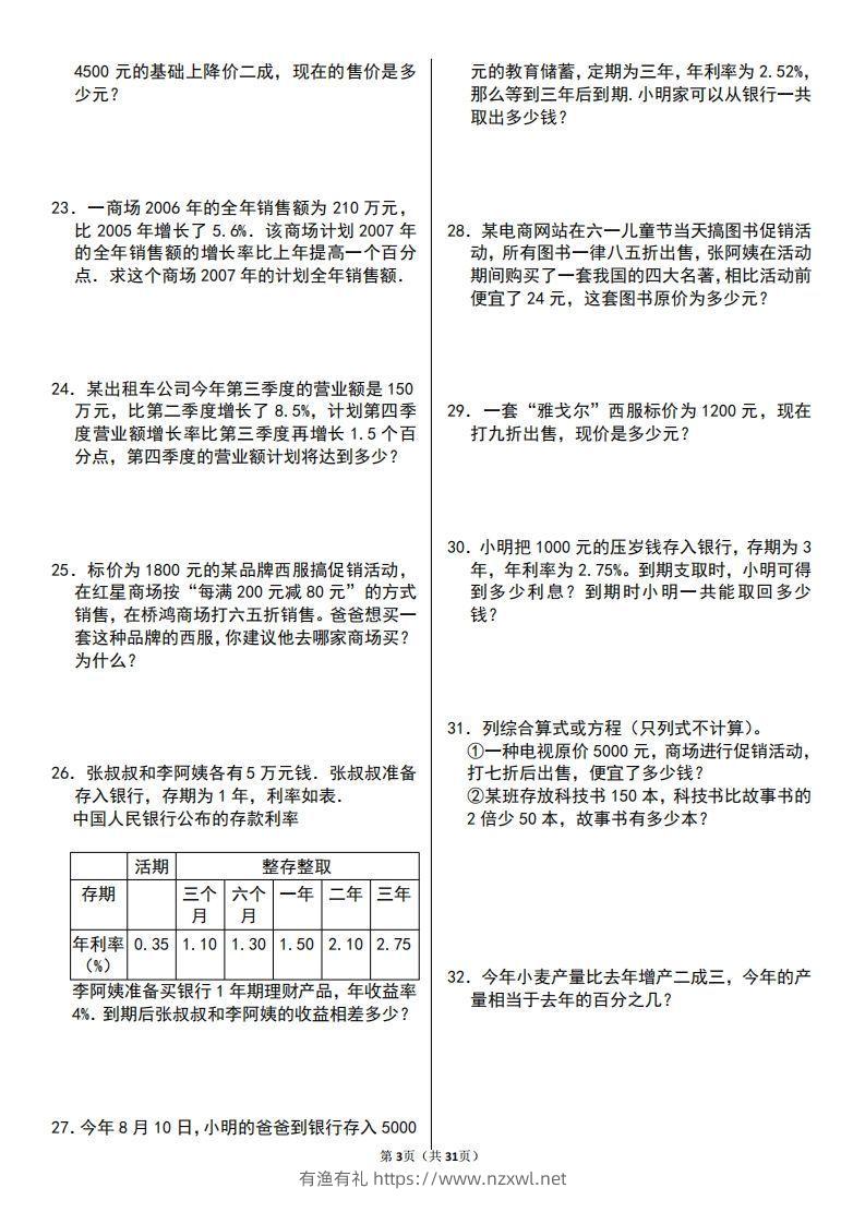 图片[3]-六年级数学上册百分数应用题60题-有渔有礼