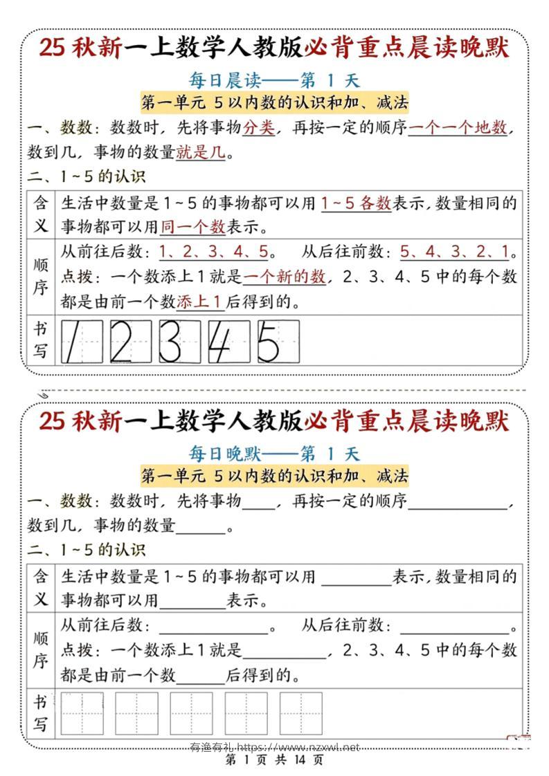 25秋新一上数学必背重点晨读晚默（人教版14页）-有渔有礼