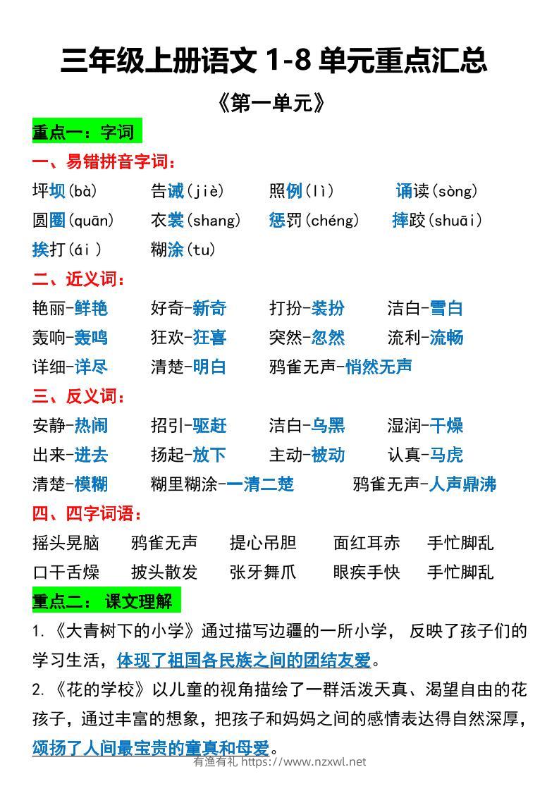 三年级上册语文1-8单元重点汇总-有渔有礼