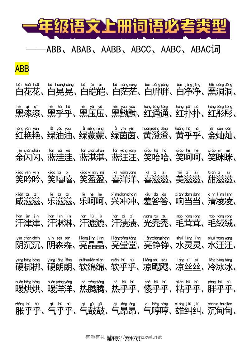 新一上语文词语必考类型(ABB、ABAB、AABB、ABCC、AABC、ABAC、ABCB类词语)17页-有渔有礼