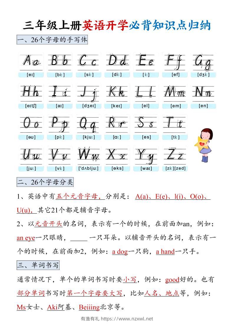 三年级上册英语开学必背知识点归纳-有渔有礼