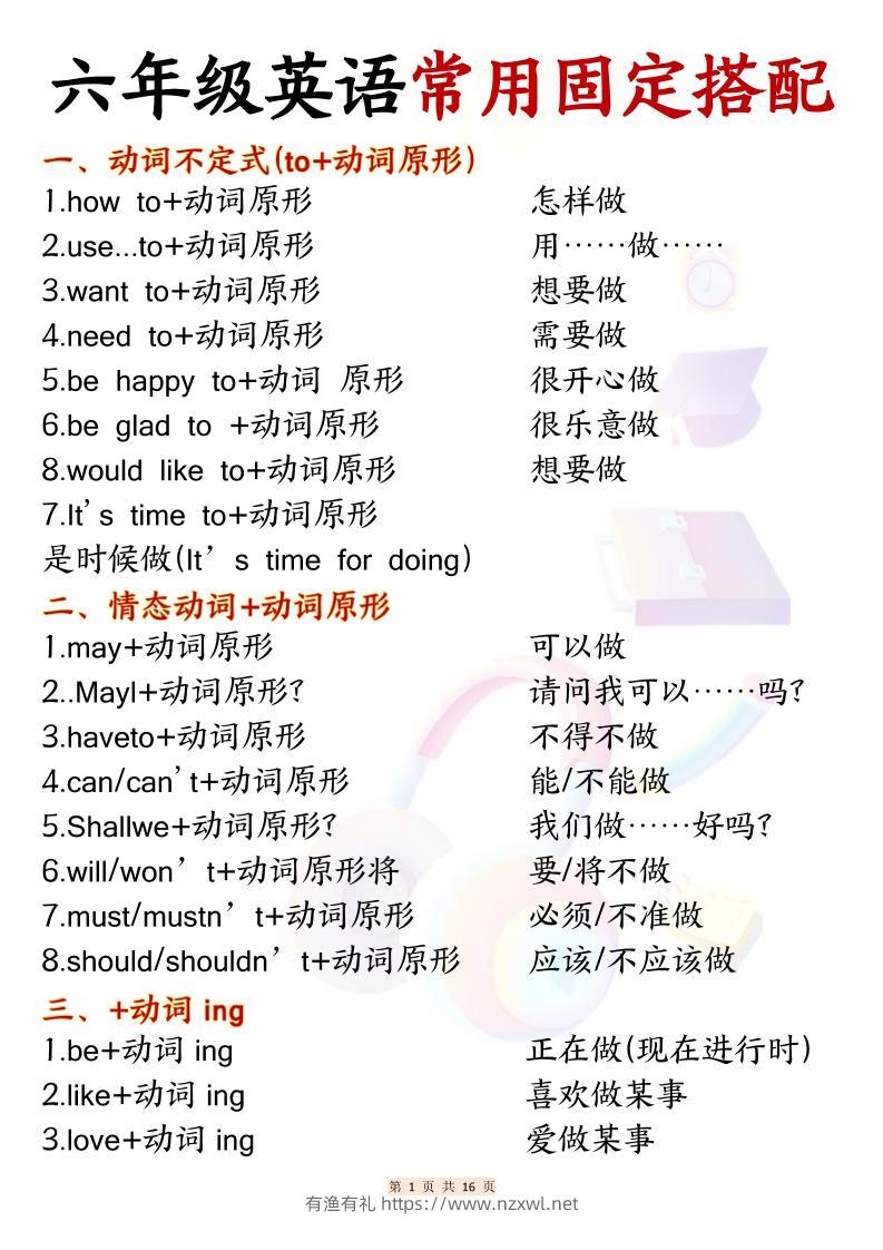 六年级上英语常用固定搭配-有渔有礼