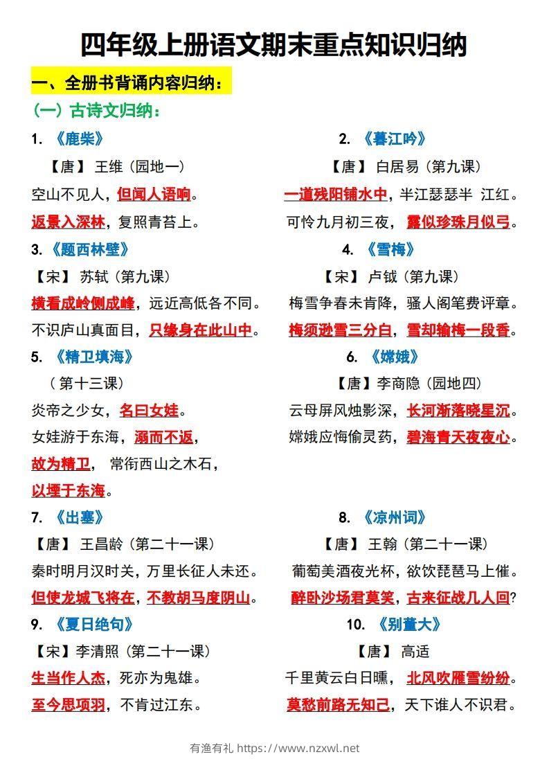 四上语文全册重点知识汇总-有渔有礼