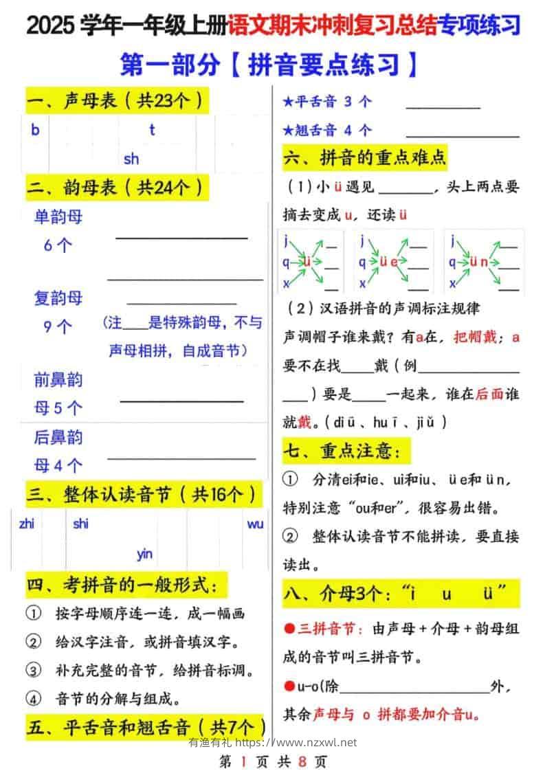 25年一上语文期末冲刺复习总结专项练习六大部分（8页）-有渔有礼