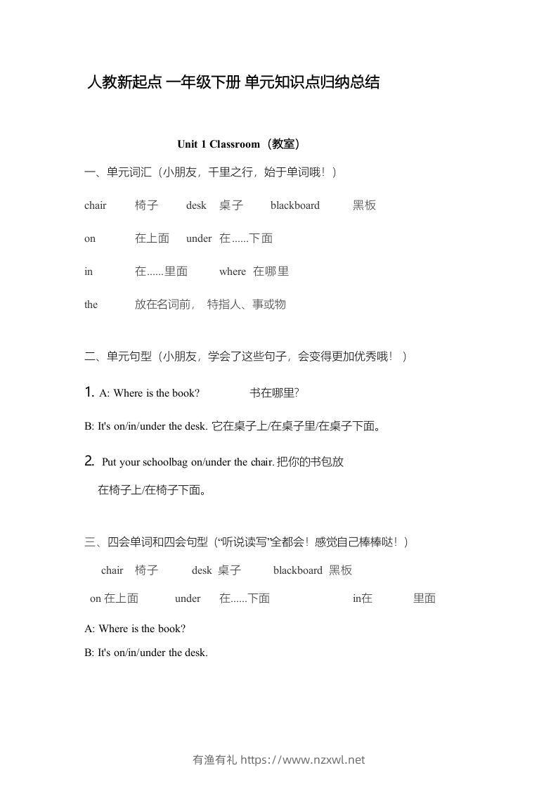 一年级英语下册一起点单元知识点归纳总结-有渔有礼