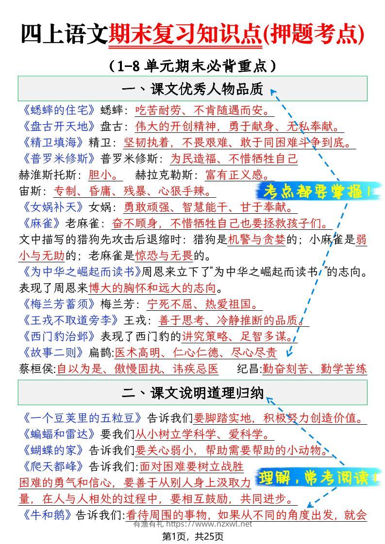 四年级上语文期末复习知识点(押题考点)-有渔有礼