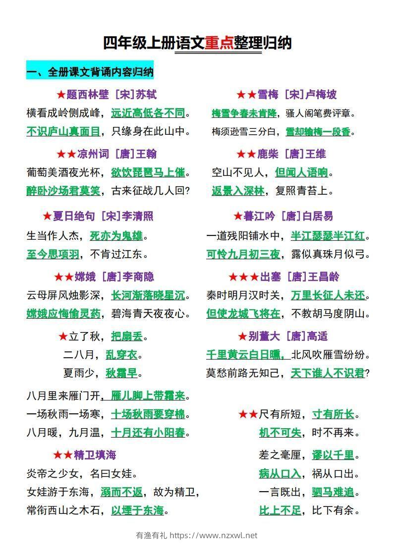 【四上】语文必背汇总-有渔有礼