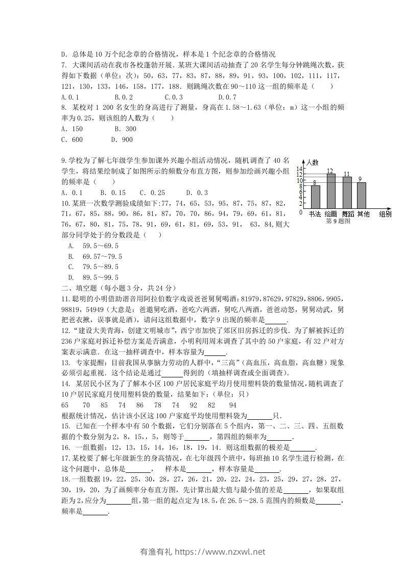 图片[2]-七年级下册数学第十章试卷及答案人教版(Word版)-有渔有礼
