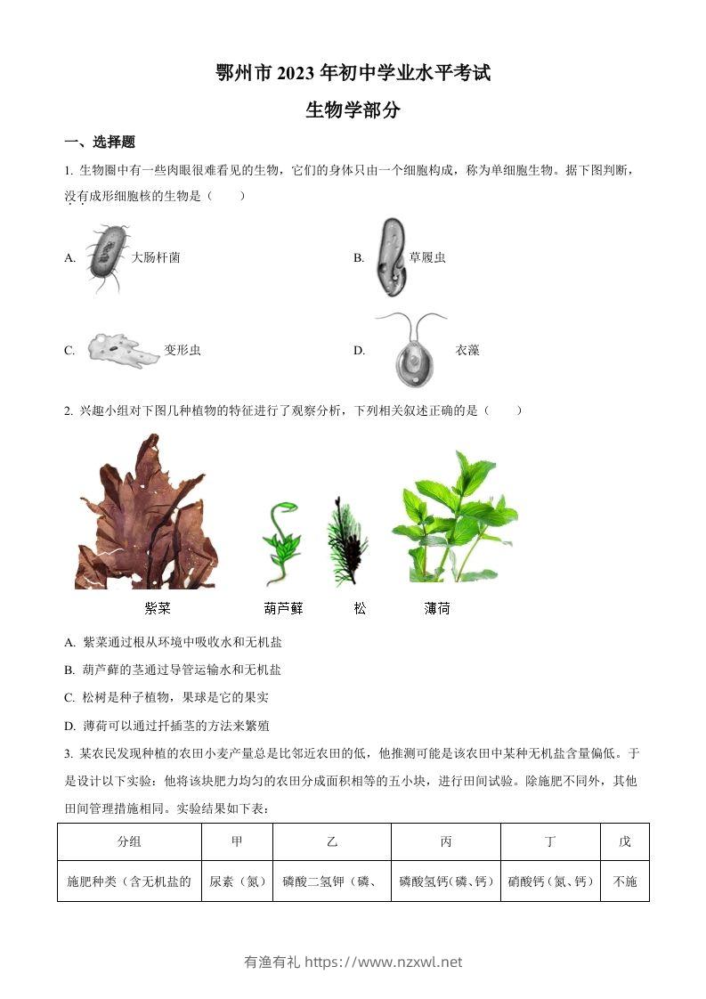 2023年湖北省鄂州市中考生物真题（空白卷）-有渔有礼