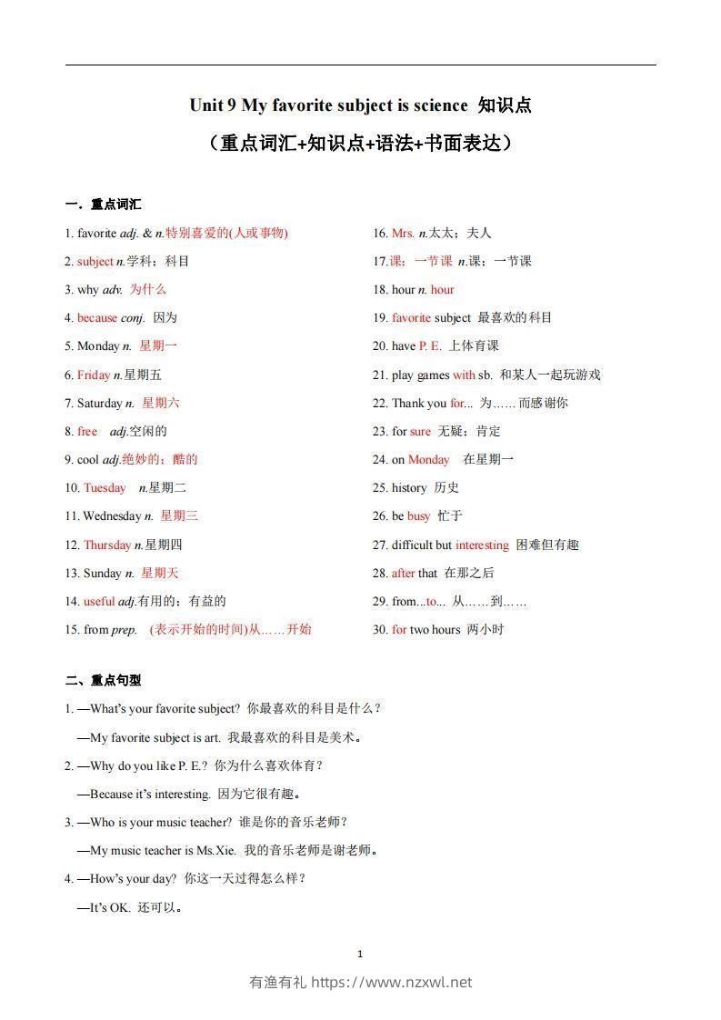 人教版英语七年级上Unit9Myfavoritesubjectisscience_-有渔有礼
