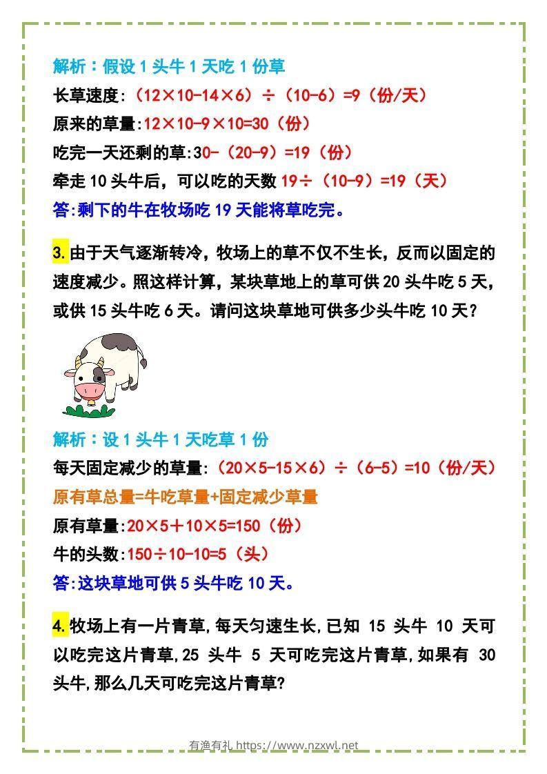 图片[2]-六年级数学下册《牛吃草问题》例题+答案-有渔有礼