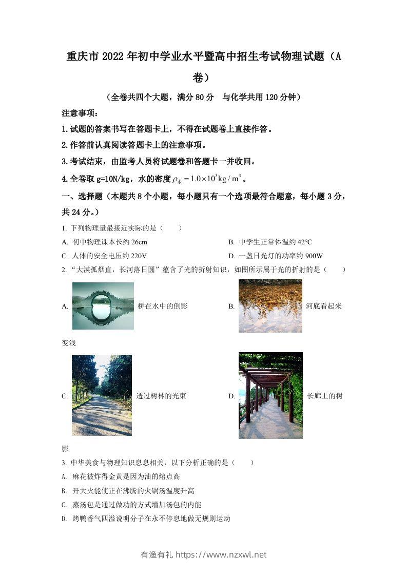 2022年重庆市中考物理真题A卷（空白卷）-有渔有礼