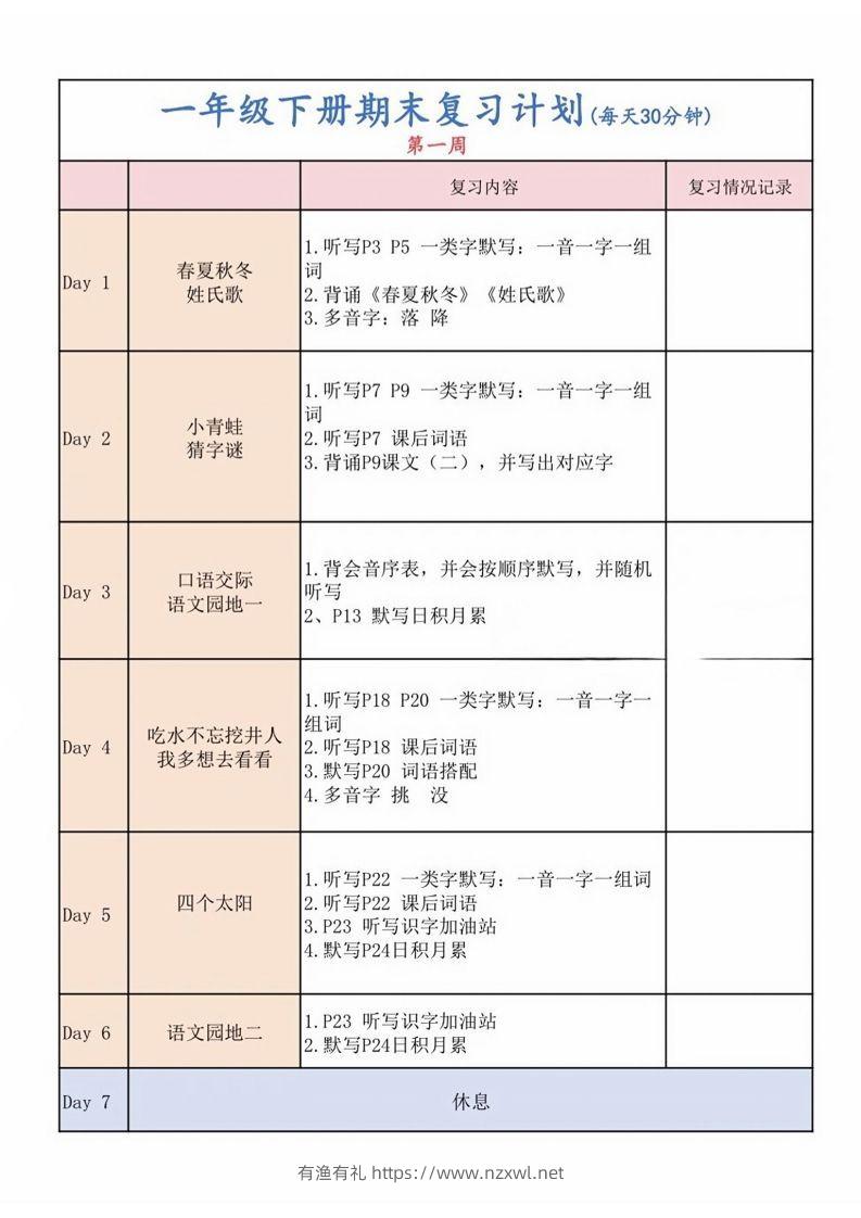 一下语文复习计划表-有渔有礼