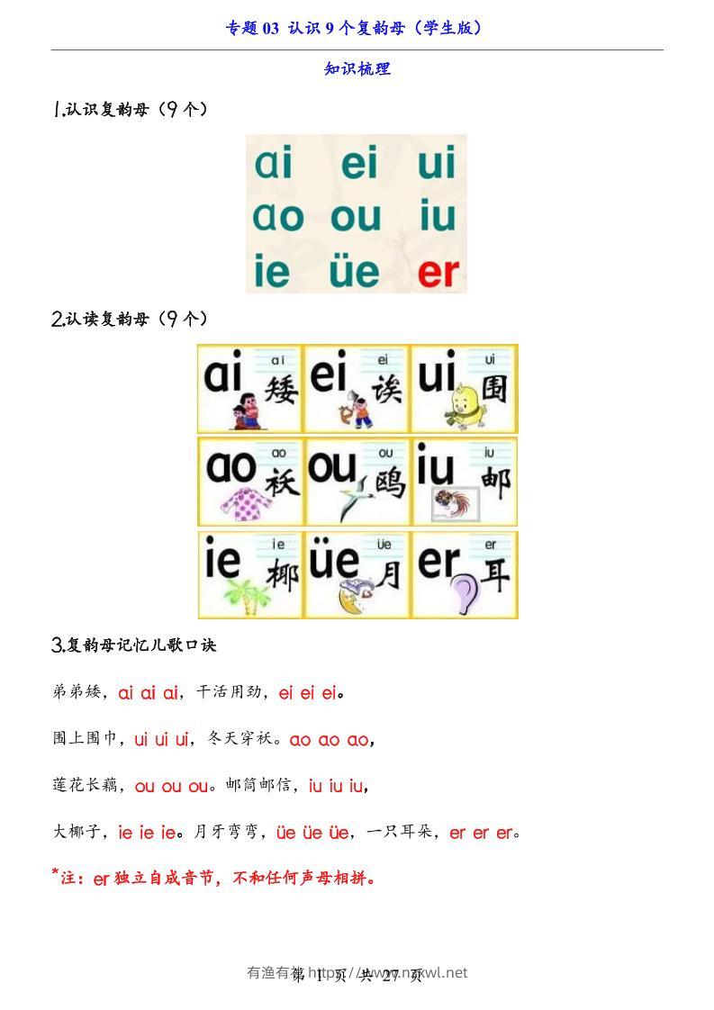 一上语文-专题03认识9个复韵母（知识+训练）-有渔有礼