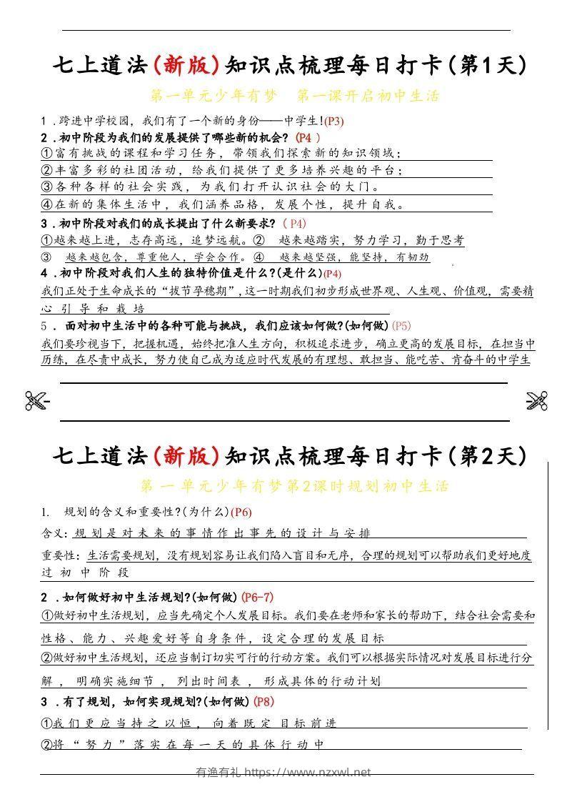 【24新版】七上道法(新版)知识点梳理每日打卡_纯图版-有渔有礼