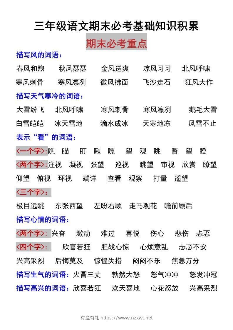 三上语文-期末必考基础知识积累-有渔有礼
