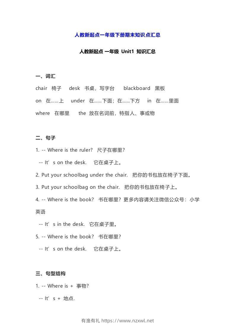 一年级英语下册期末知识点汇总8页-有渔有礼