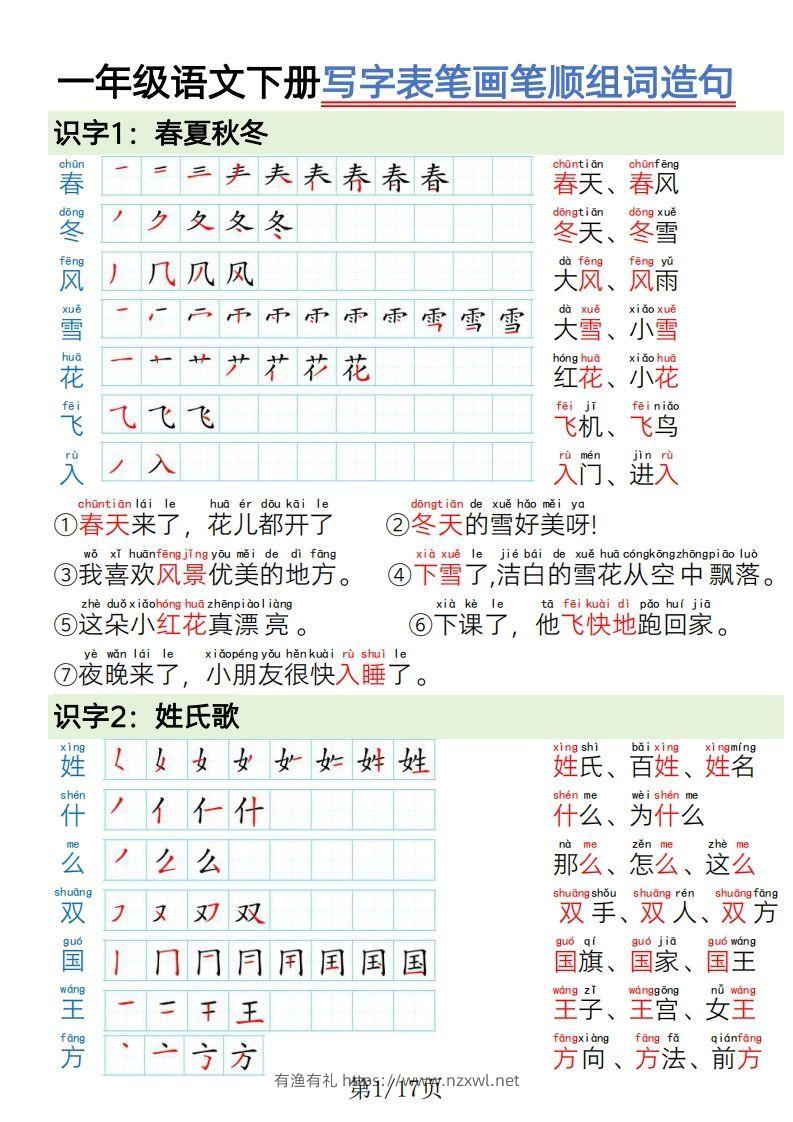 1.19一年级语文下册写字表笔画笔顺组词造句-有渔有礼