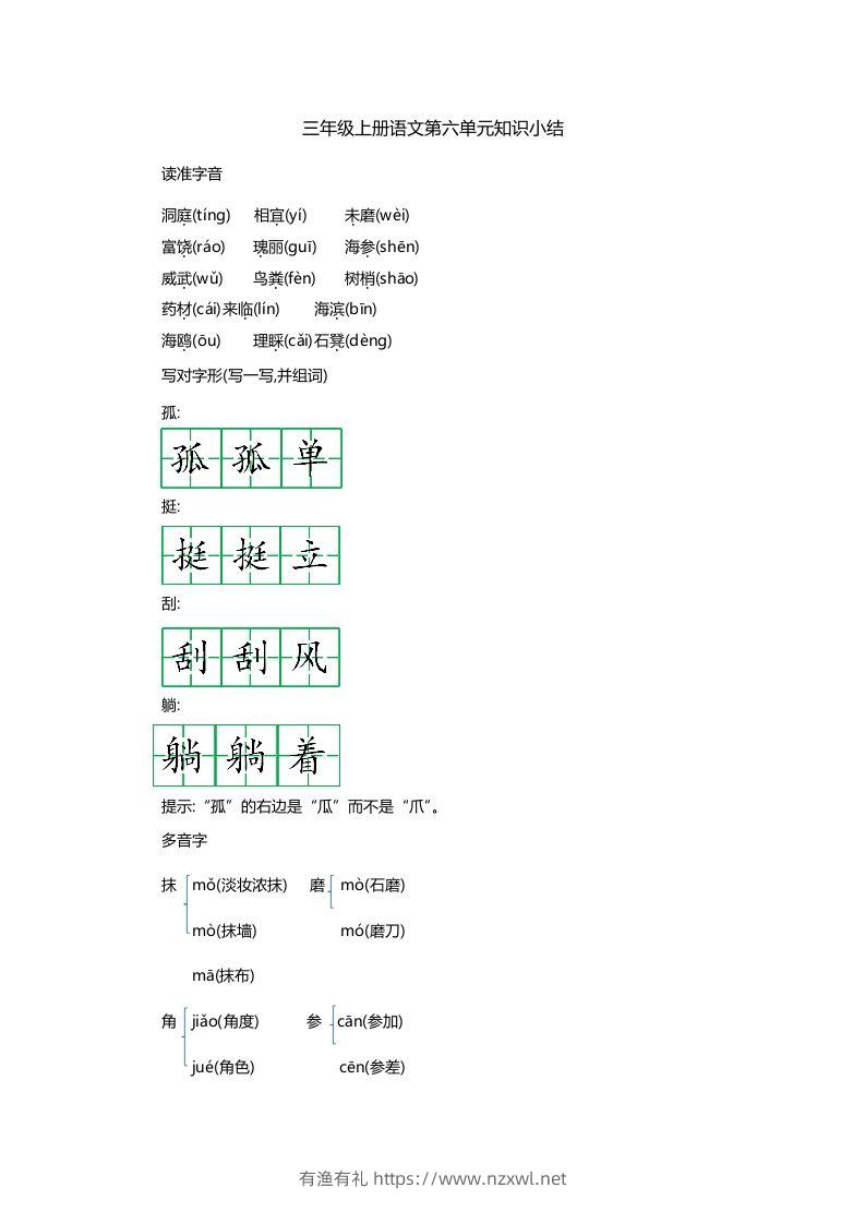 三上语文第六单元知识重点-有渔有礼