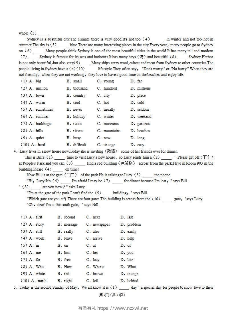 图片[2]-【外研期末】完形填空专题过关集训-有渔有礼