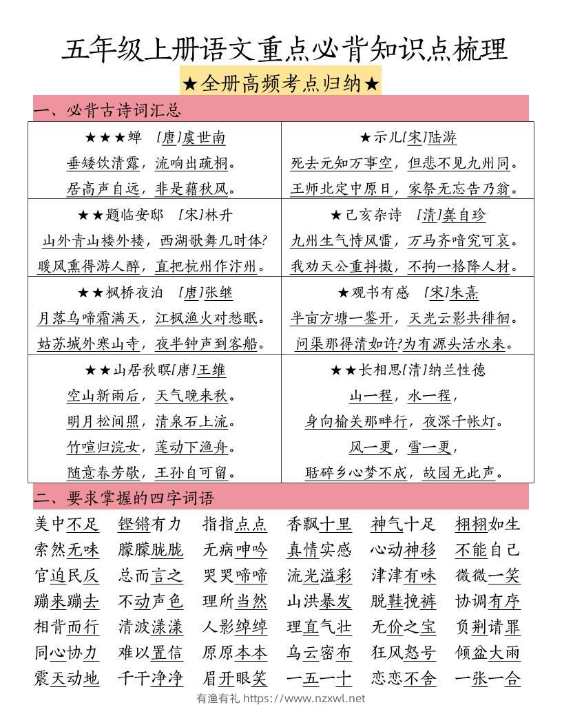 五上语文重点必背知识点梳理-有渔有礼