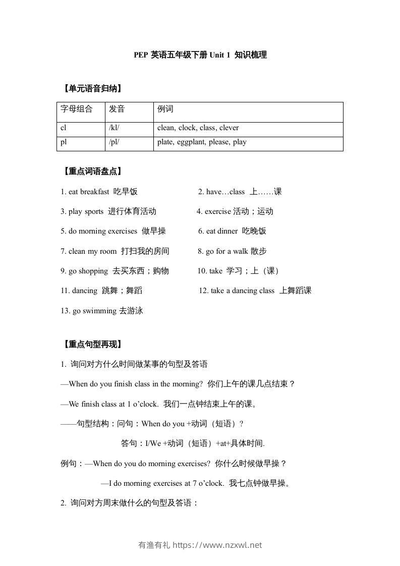 五年级英语下册【完美】单元知识梳理-Unit1Myday（人教PEP版）-有渔有礼