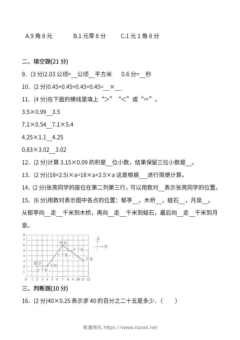 图片[2]-人教版五年级上册数学月考评价测试卷（含答案）-有渔有礼