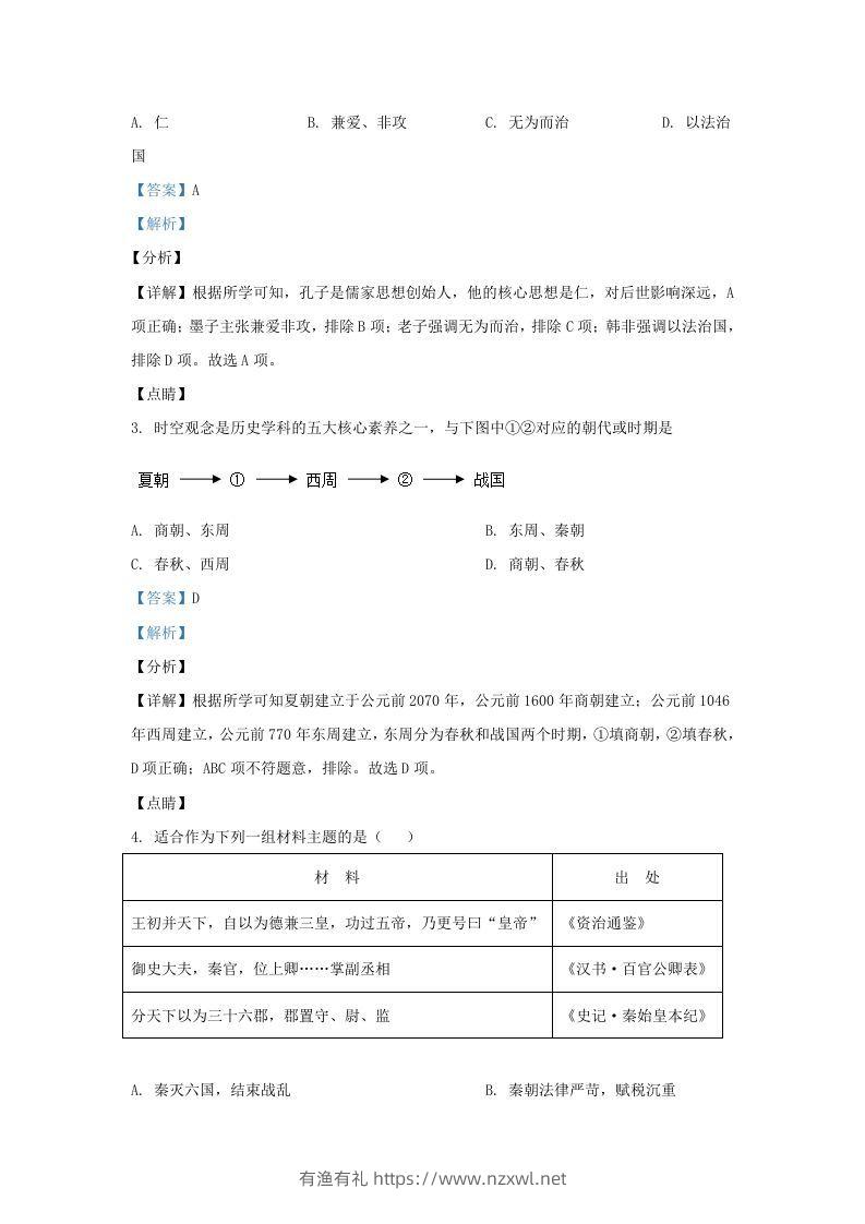 图片[2]-2021-2022学年山东省济南东南片区九年级上学期历史期末试题及答案(Word版)-有渔有礼