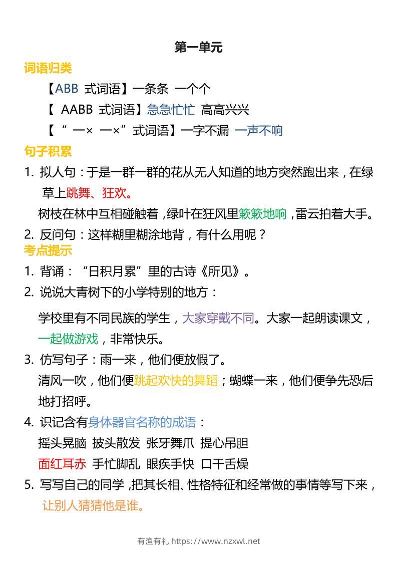 三上语文-词语归类积累课文佳句汇总-有渔有礼