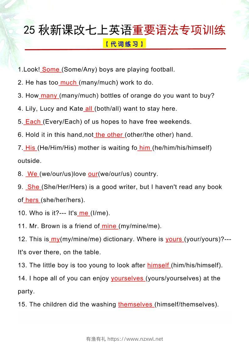 【2025秋新版】七上英语重要语法专项训练-有渔有礼