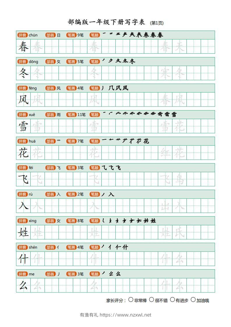 一年级语文下册写字表描红(含拼音笔顺词组)（20页）PDF（部编版）-有渔有礼