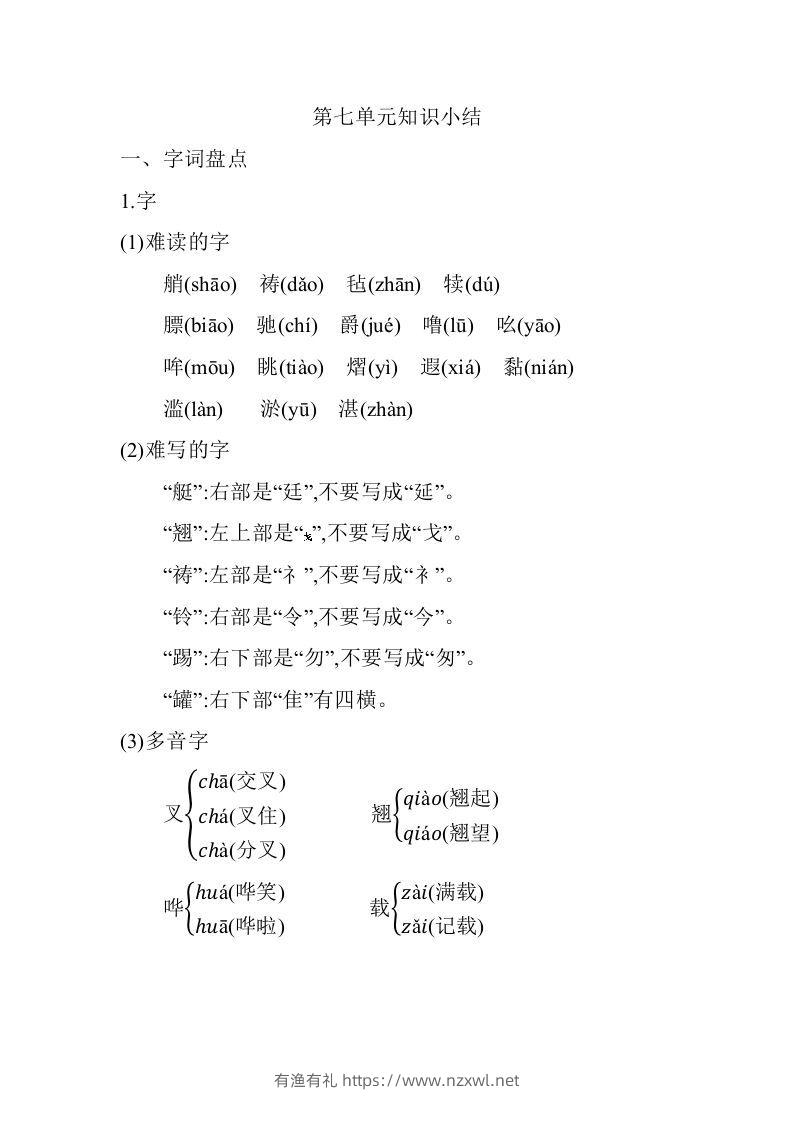 五年级语文下册第七单元知识小结（部编版）-有渔有礼