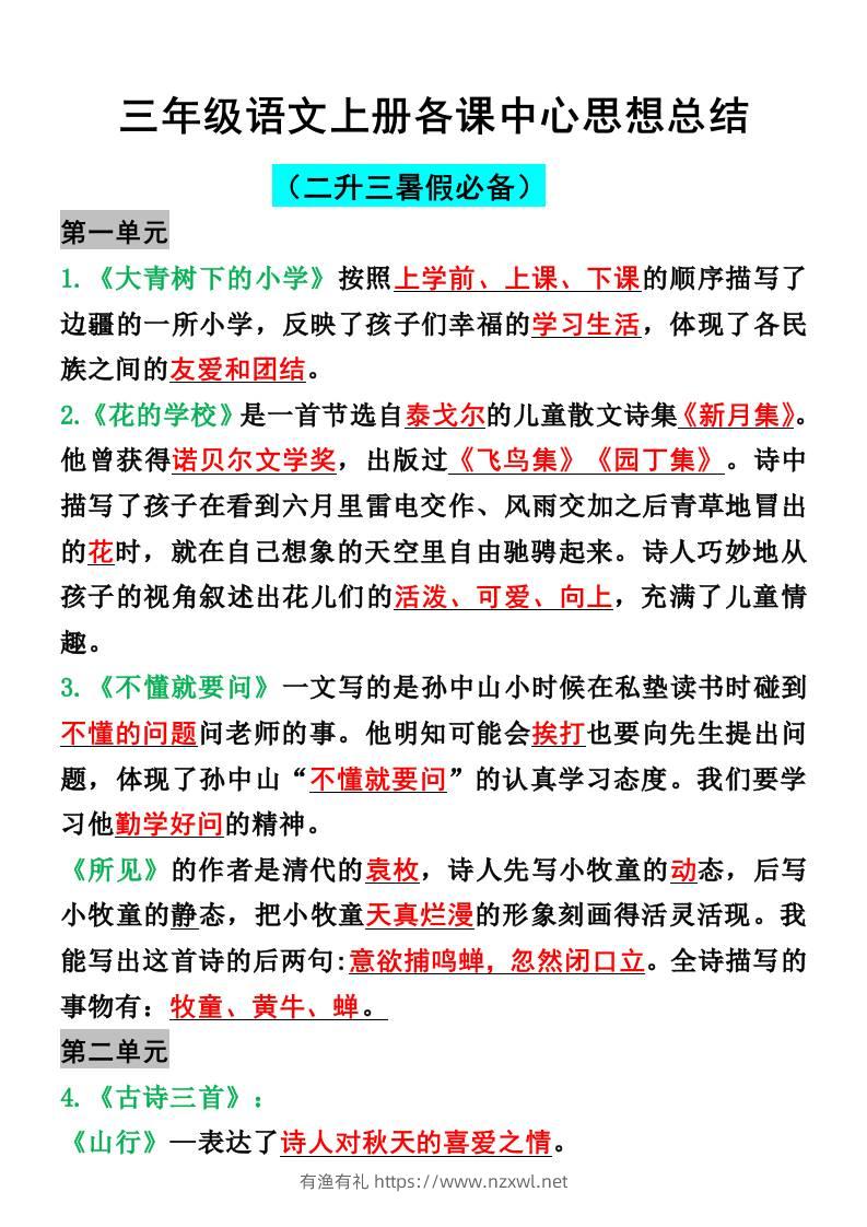 三年级语文上册各课中心思想总结-有渔有礼