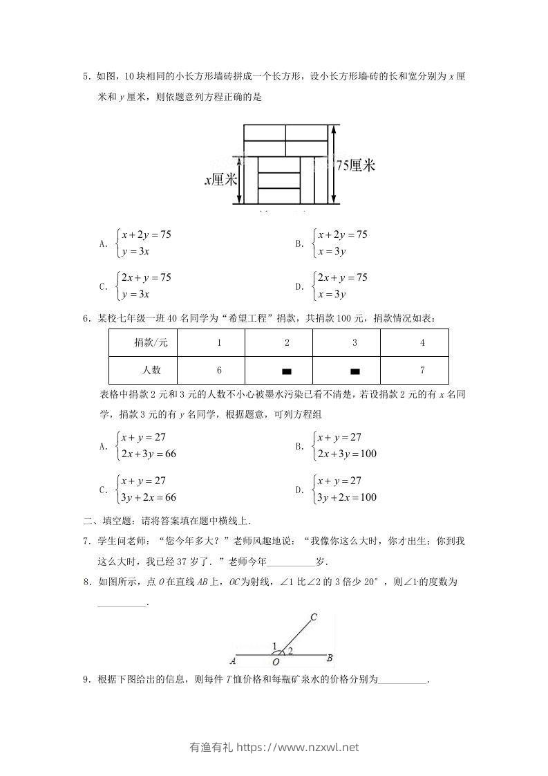 图片[2]-七年级下册数学第八章第三节试卷及答案人教版(Word版)-有渔有礼
