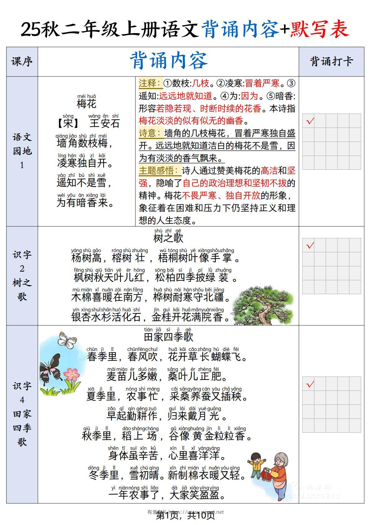 25秋二上语文暑假背诵内容+默写表（10页）-有渔有礼