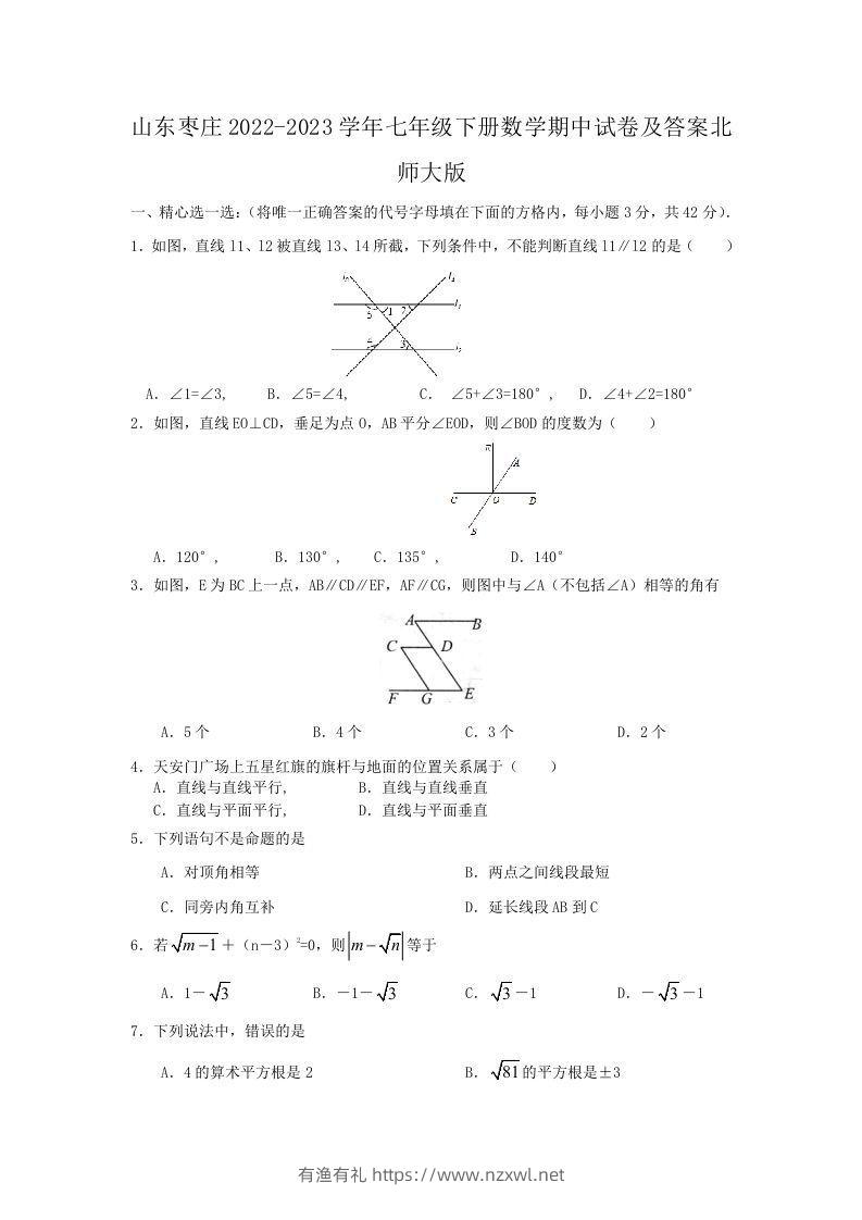 山东枣庄2022-2023学年七年级下册数学期中试卷及答案北师大版(Word版)-有渔有礼