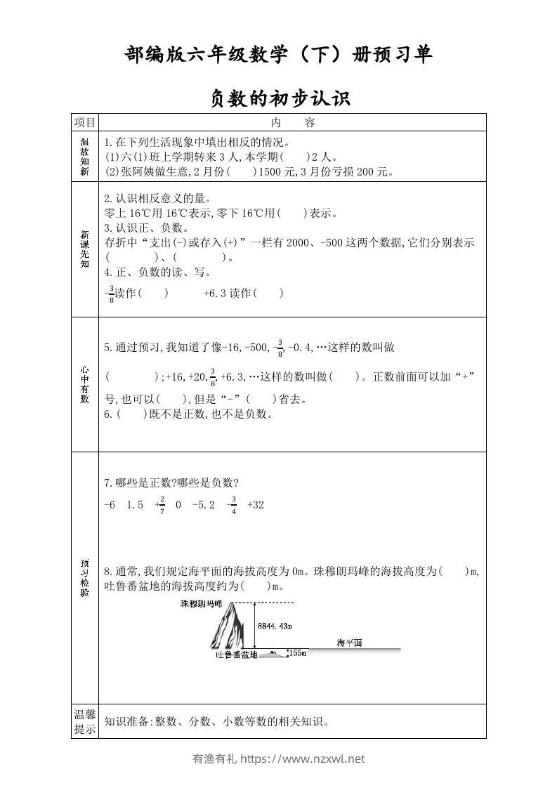 六年级数学下册全册学生课前预习单（人教版）-有渔有礼
