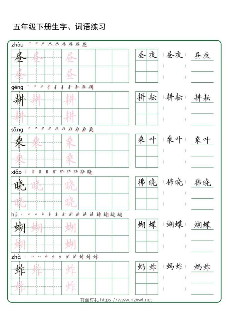 五年级下册语文生字词语练字（秋版）-有渔有礼