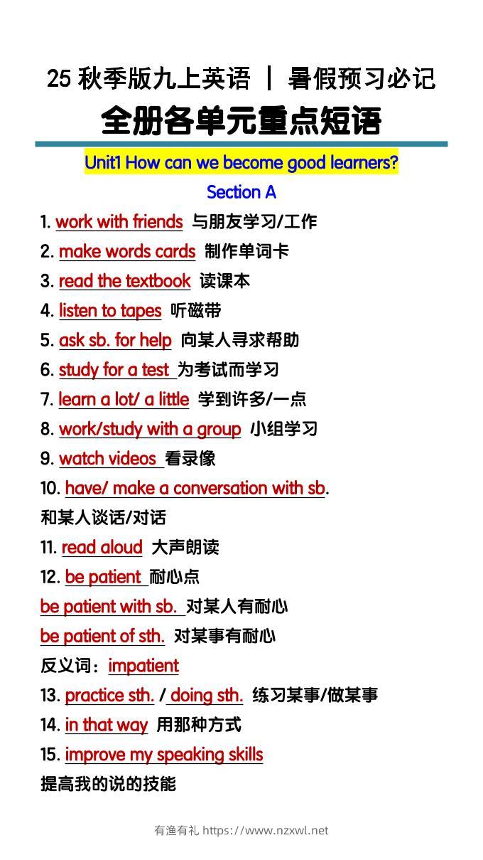 【2025秋新版】九上英语暑假预习必记：全册各单元重点短语-有渔有礼