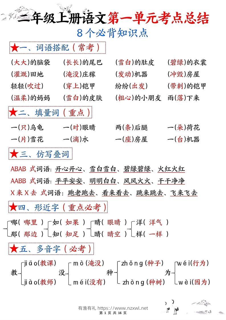 二年级上册语文1-8单元考点总结-有渔有礼