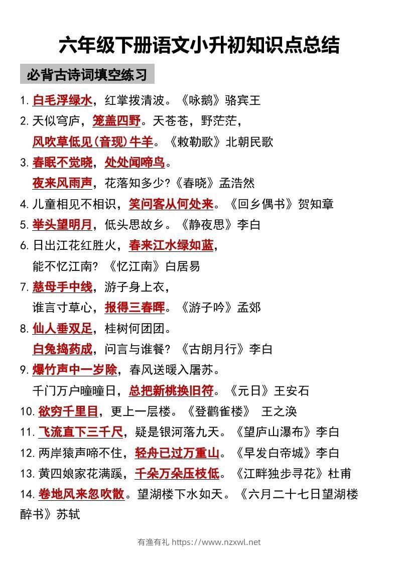 六年级下册语文小升初知识点总结-有渔有礼