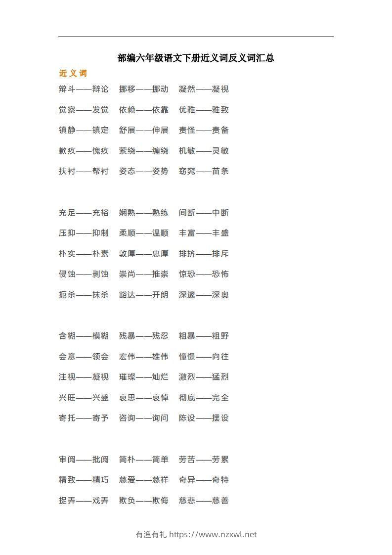 六年级语文下册近义词反义词汇总（部编版）-有渔有礼